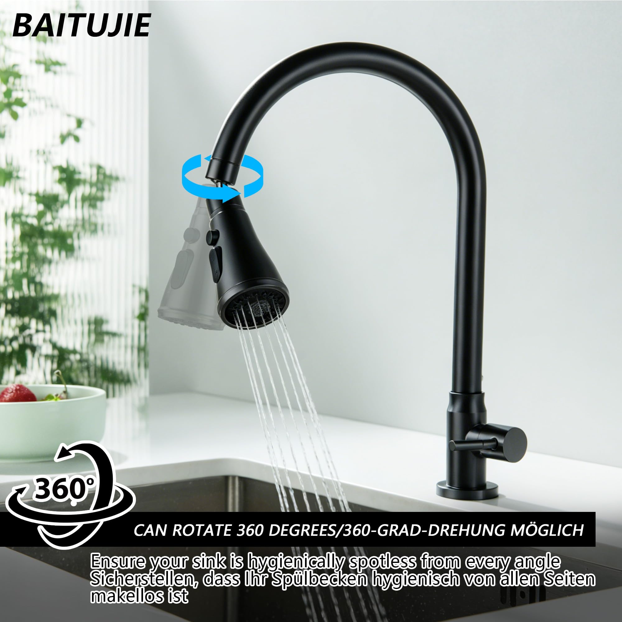 Kaltwasser Nur Küchenarmatur Küchenarmatur Spültischarmatur Mattschwarz | High Arc Einhand-Kaltwasser-nur Wasserhahn für Küche SUS304 Edelstahl Kaltwasserhahn mit 3 Strahlarten