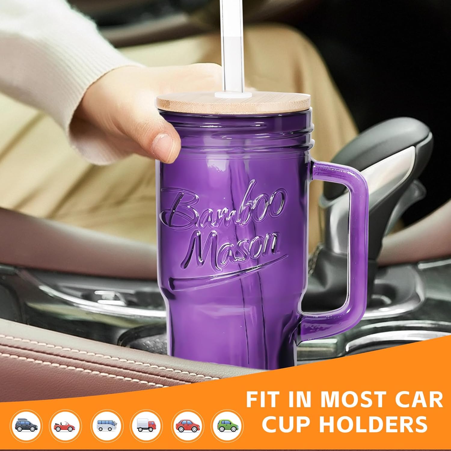 ANOTION Glass Cups with Handle, 24oz Glass Cups with Lids and Straws Travel Coffee Mug Bamboo Mason Jar Iced Cup Smoothie Tea Clear Cute Water Drinking Jars Glasses, Purple - Image 6