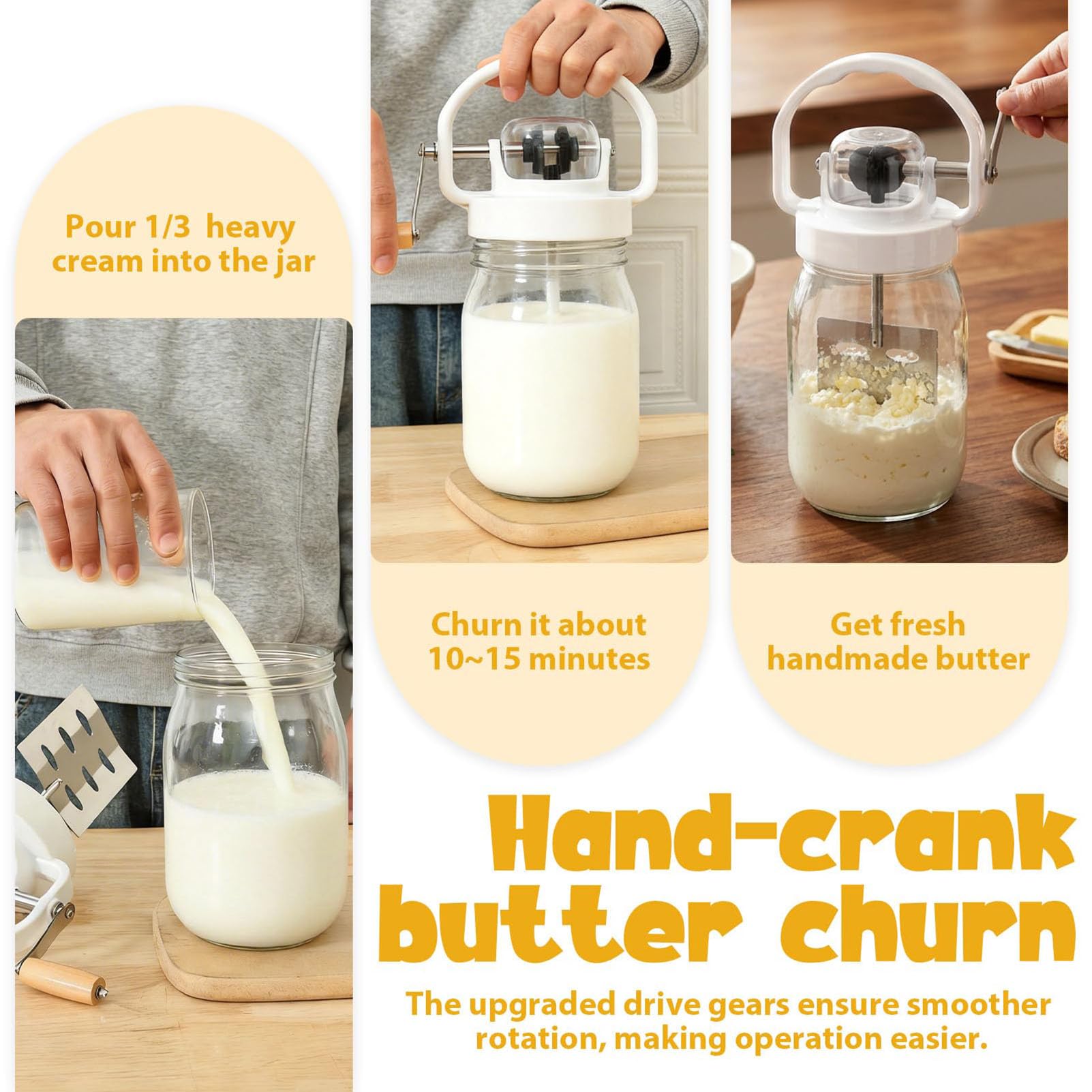 Batidora manual de mantequilla clásica de 1,5 l con mango de madera y tarro de vidrio, herramienta de manivela para cocina y hornear
