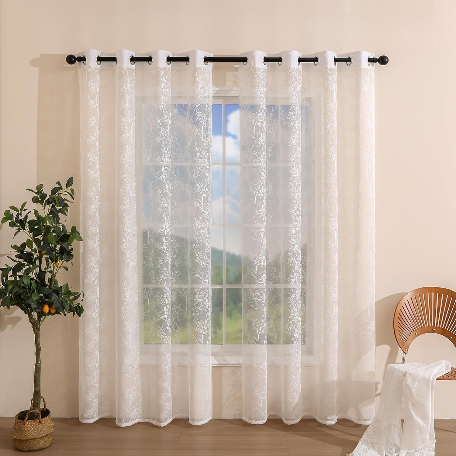 Linen Sheer Curtains for Bedroom, Lace Curtains 72 Inch Length 2 Panels Set Grommet Top Semitransparent Privacy Window Treatment Light Filtering for Living Room (2 Panels, W54 X L73, Beige Rococo)