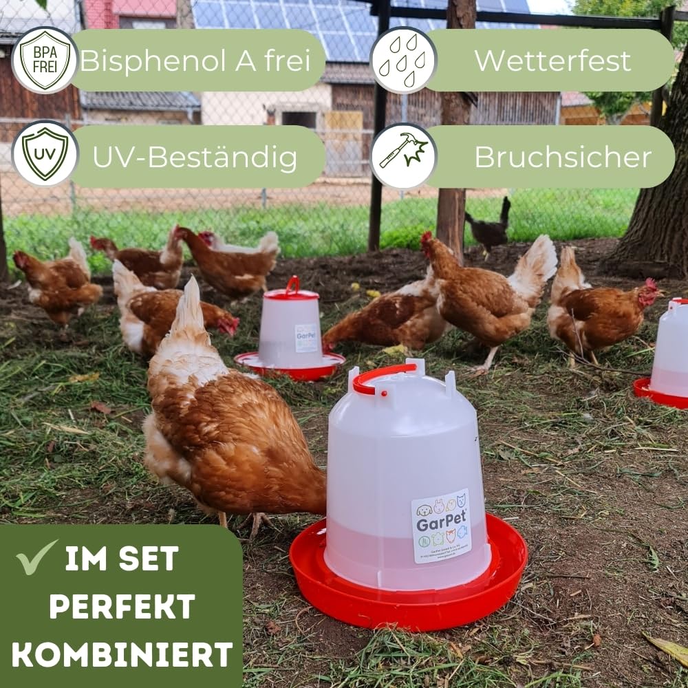 GarPet Futterautomat Hühner + Hühnertränke im Set Futterspender Futtertrog Küken Hühner Zubehör Kükentränke Geflügeltränke Wassertränke Wasserspender Gr. 2