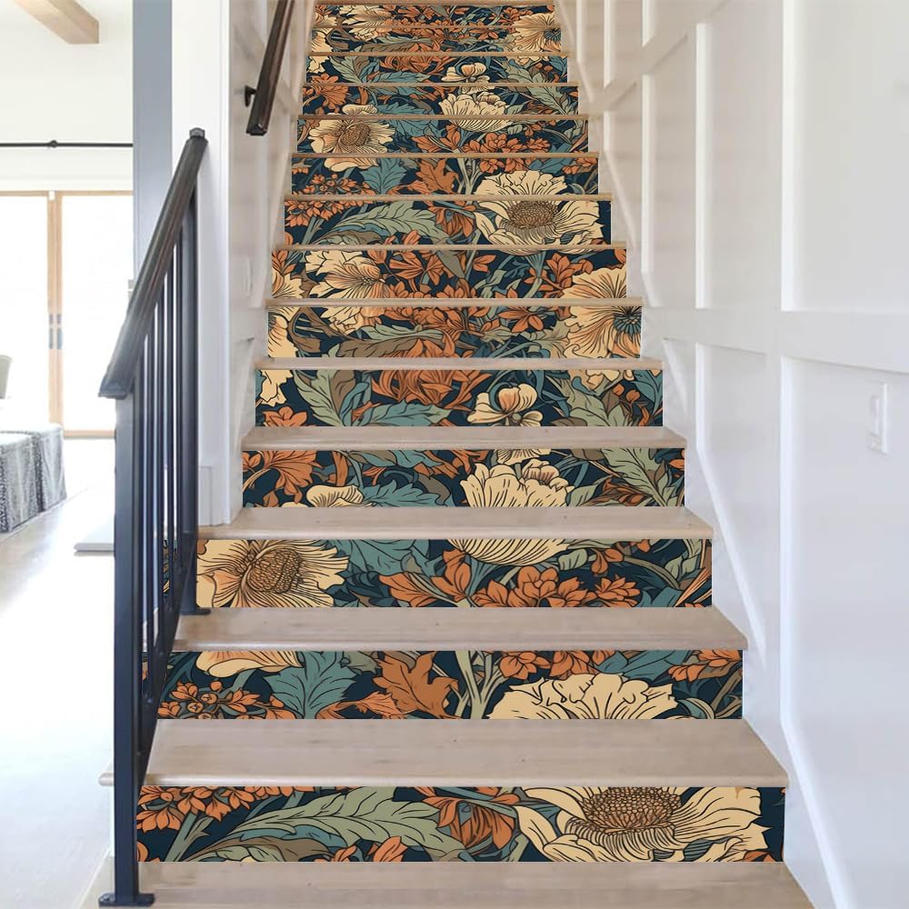 REDAMANCY Boho Vintage Beige Brown Poppy Floral Damask Peel and Stick Vinyl Stair Riser Decals Staircase Tile Stair Stickers Abstract Art Decor Decoration Mural Self-Adhesive Wallpaper (14 Pcs)