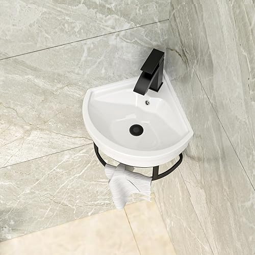 Miniatura 2 de Lordear Fregadero de baño esquinero montado en la pared con toallero  11 45 pulgadas x 11 45 pulgadas fregadero de porcelana triangular para baños