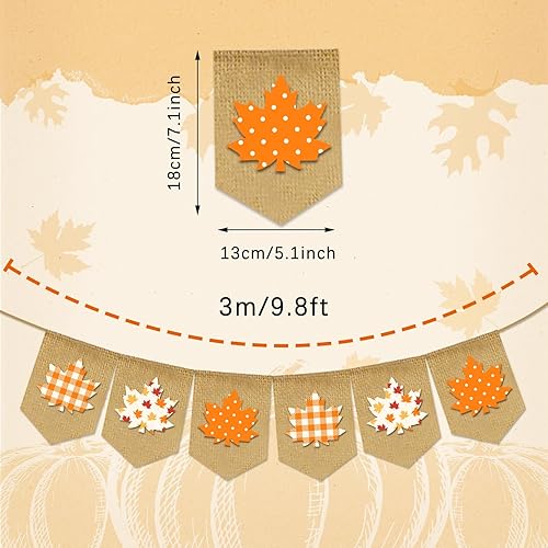 Miniatura 2 de Whaline Cartel de otoño de hoja de arce, pancarta de arpillera de hojas de punto a cuadros naranjas, guirnalda de banderines de hojas de lunares