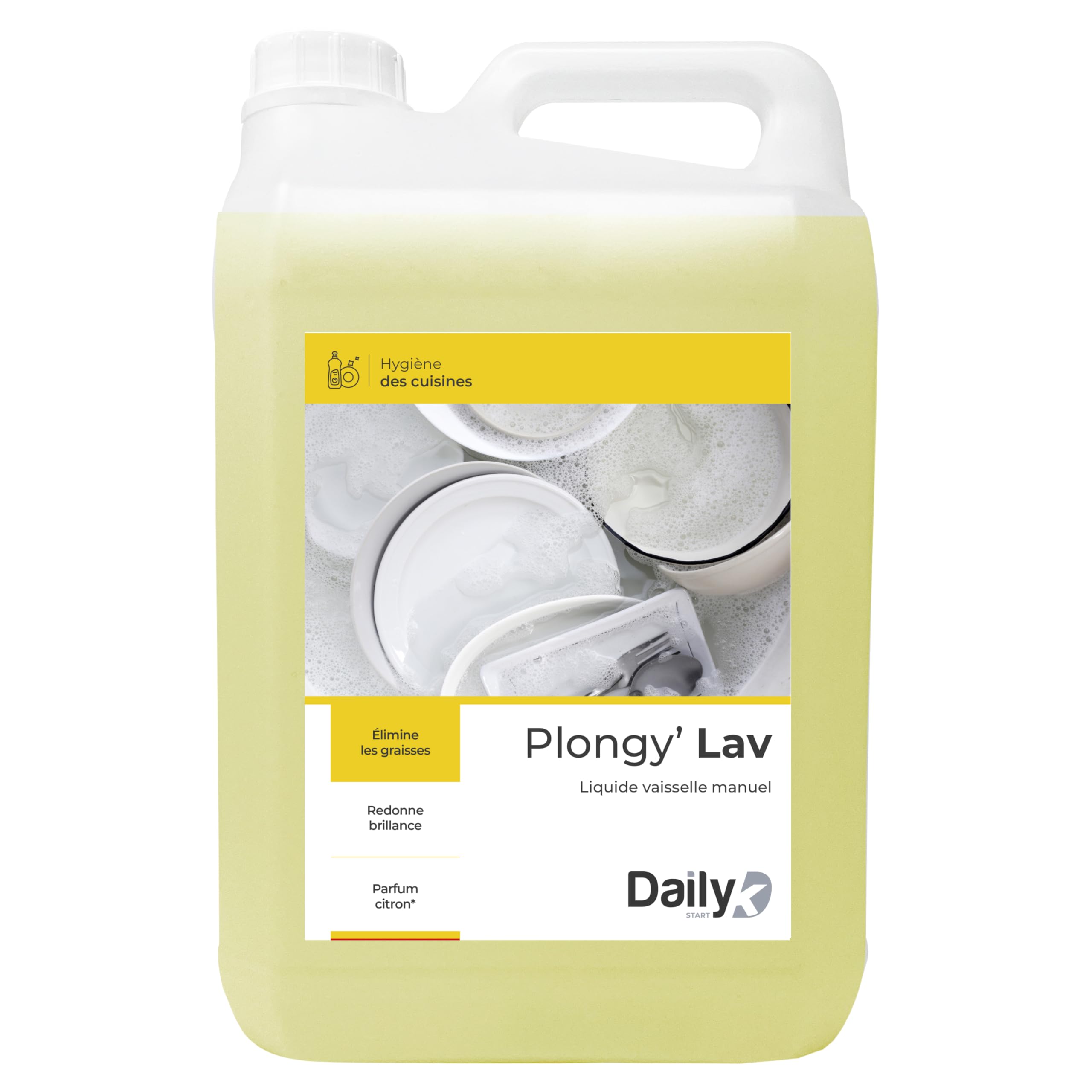 Liquide Vaisselle Manuel 5L - Produit Vaisselle Liquide PLONGY’LAV en Bidon - Produit Dégraissant Parfum Citron - Grand Format Économique pour Usage Intensif - Made in France