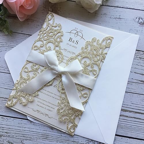 Miniatura 7 de 5.12 x 7.28 pulgadas, 50 piezas personalizadas de champán con purpurina, kit de invitaciones de boda cortadas con láser, tarjetas de invitación de