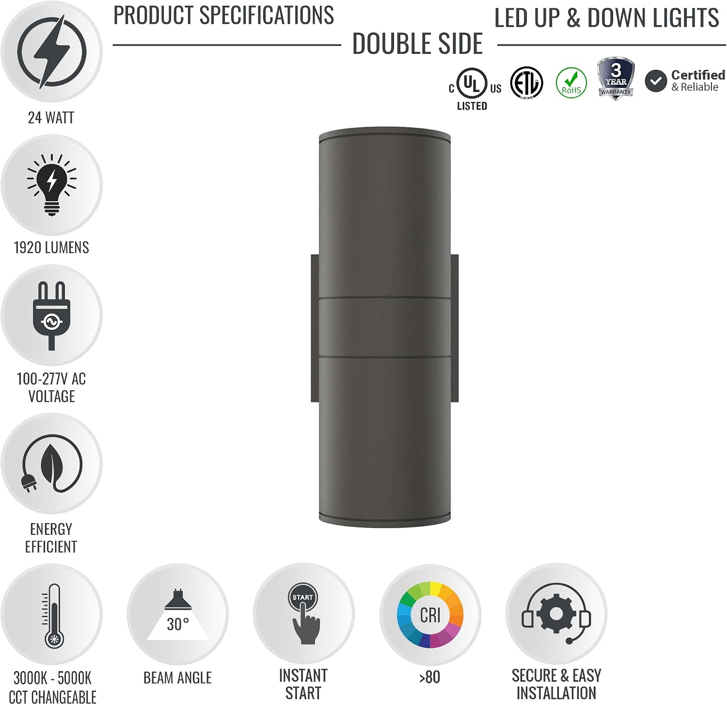 LEDMyplaces Waterproof 2x12W Cylinder Up and Down Outdoor Wall Sconce Lights, Dusk-to-Dawn Illumination for Stylish Porch Décor, 3000K Warm White, Aluminum, Double Side Light, Pack of 10