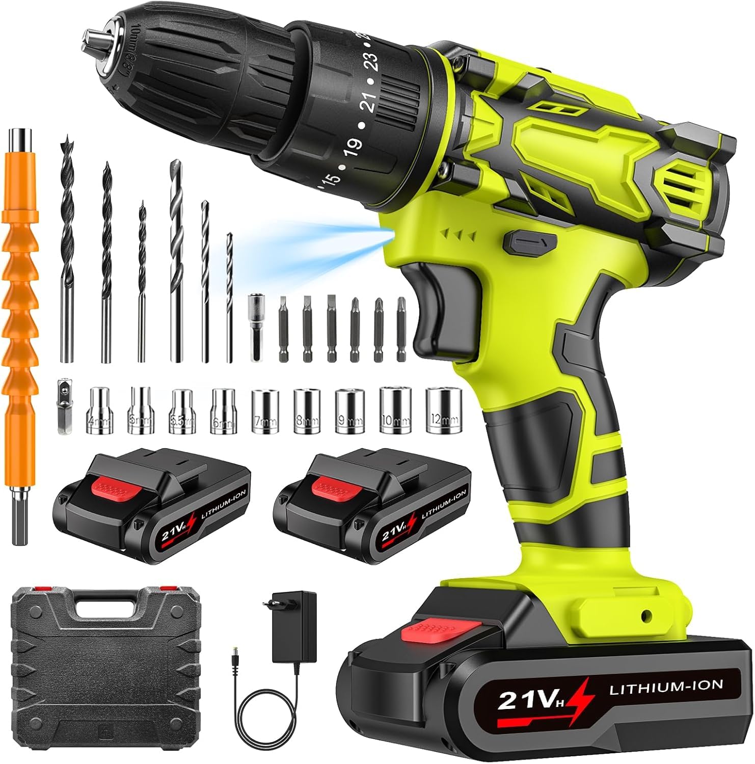 Perceuse Visseuse Sans Fil 21V 2 Batteries 2.0Ah 42Nm 25+3 Réglages Couple 2 Vitesses LED 29 Accessoires Valise