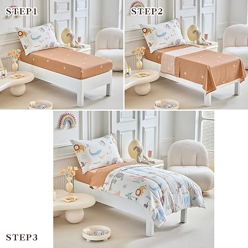 Miniatura 4 de Joyreap Juego de ropa de cama de algodón de 4 piezas, diseño de animales temáticos del zoológico, color blanco y marrón, juego de sábanas para niños