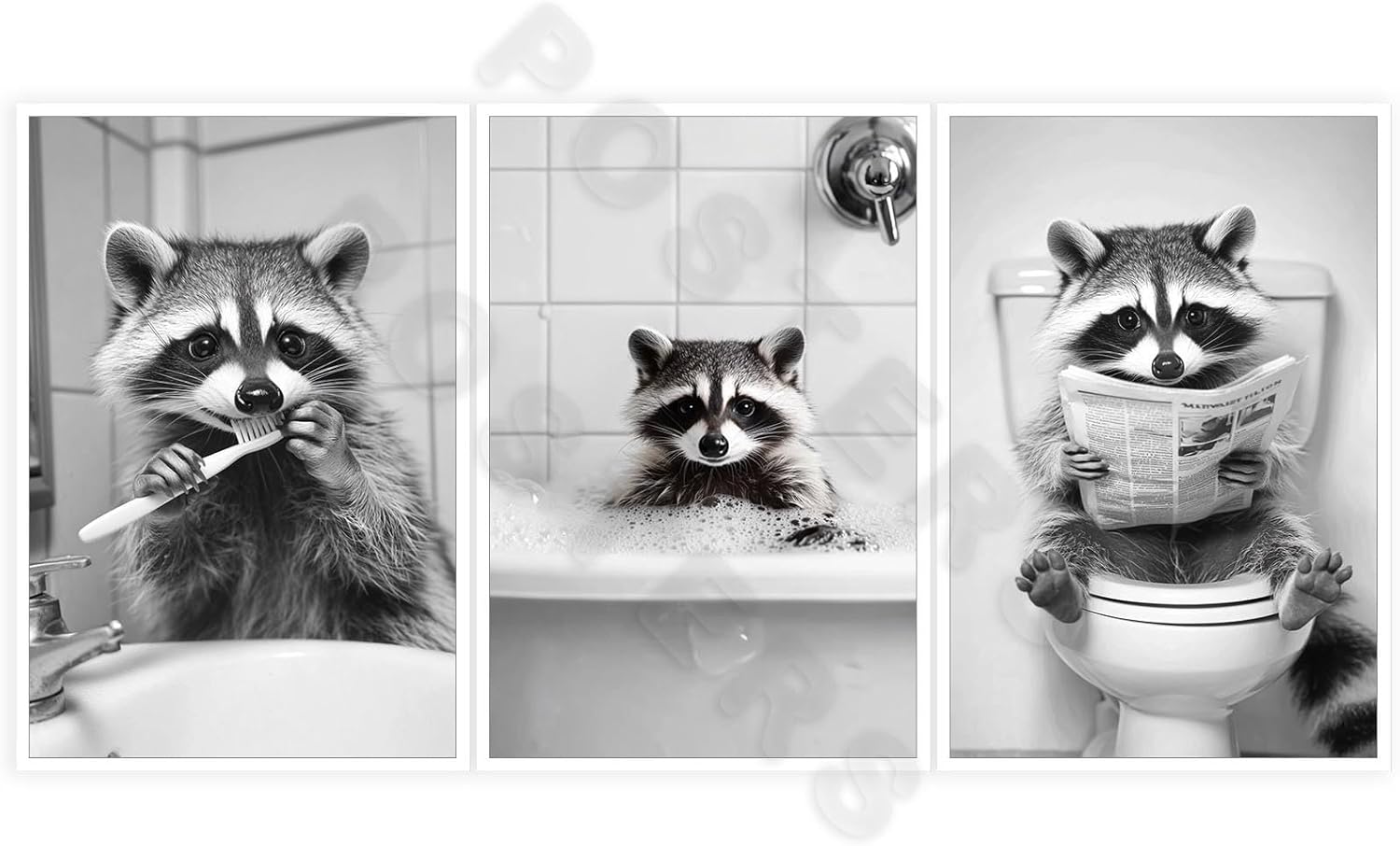 Funny Raccoon Bathroom Wall Art - Unframed 8x10" Black & White Canvas Print - Modern Bathroom Decor