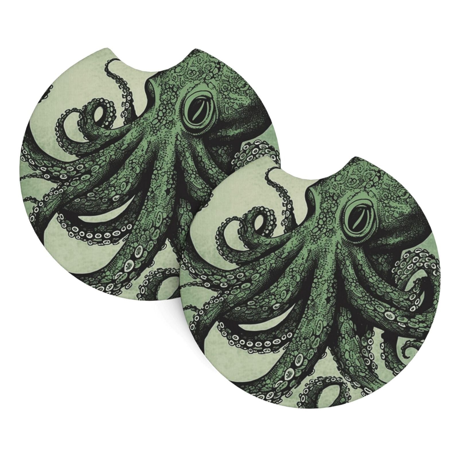2 Pack Car Coaster for Cup Holders Green Octopus Car Cup Coaster 2.7" Neoprene Non-Slip Automotive Cup Mat Universal Auto Car Interior Accessories for Women Men Cup Pad