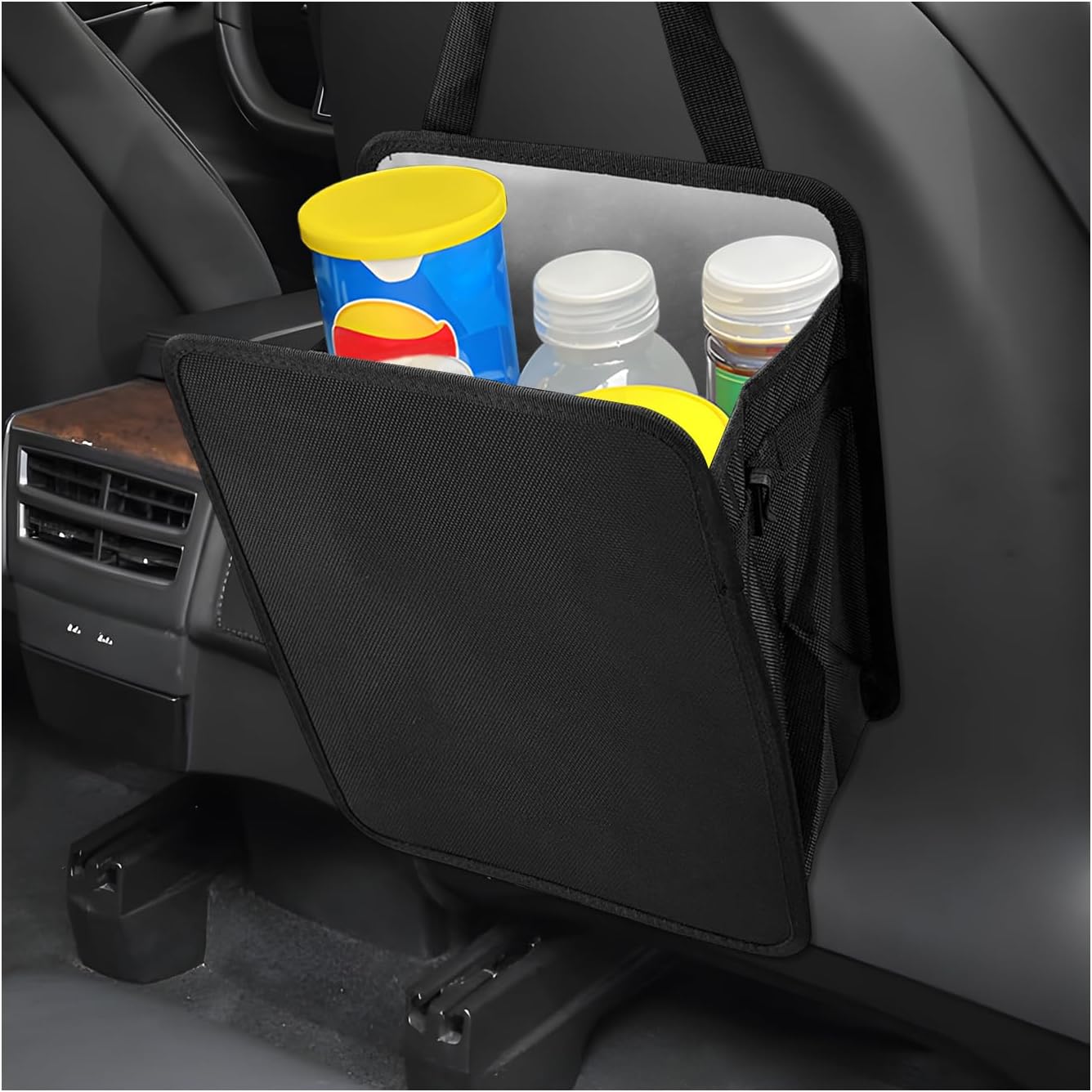 Sun Walker 2 Gallon Open-Top Car Trash Can, Waterproof Hanging Stand Trash Bag Back Seat Organizer with Adjustable Strap, Foldable Storage Container Garbage Bag for SUV Truck RV (Small)