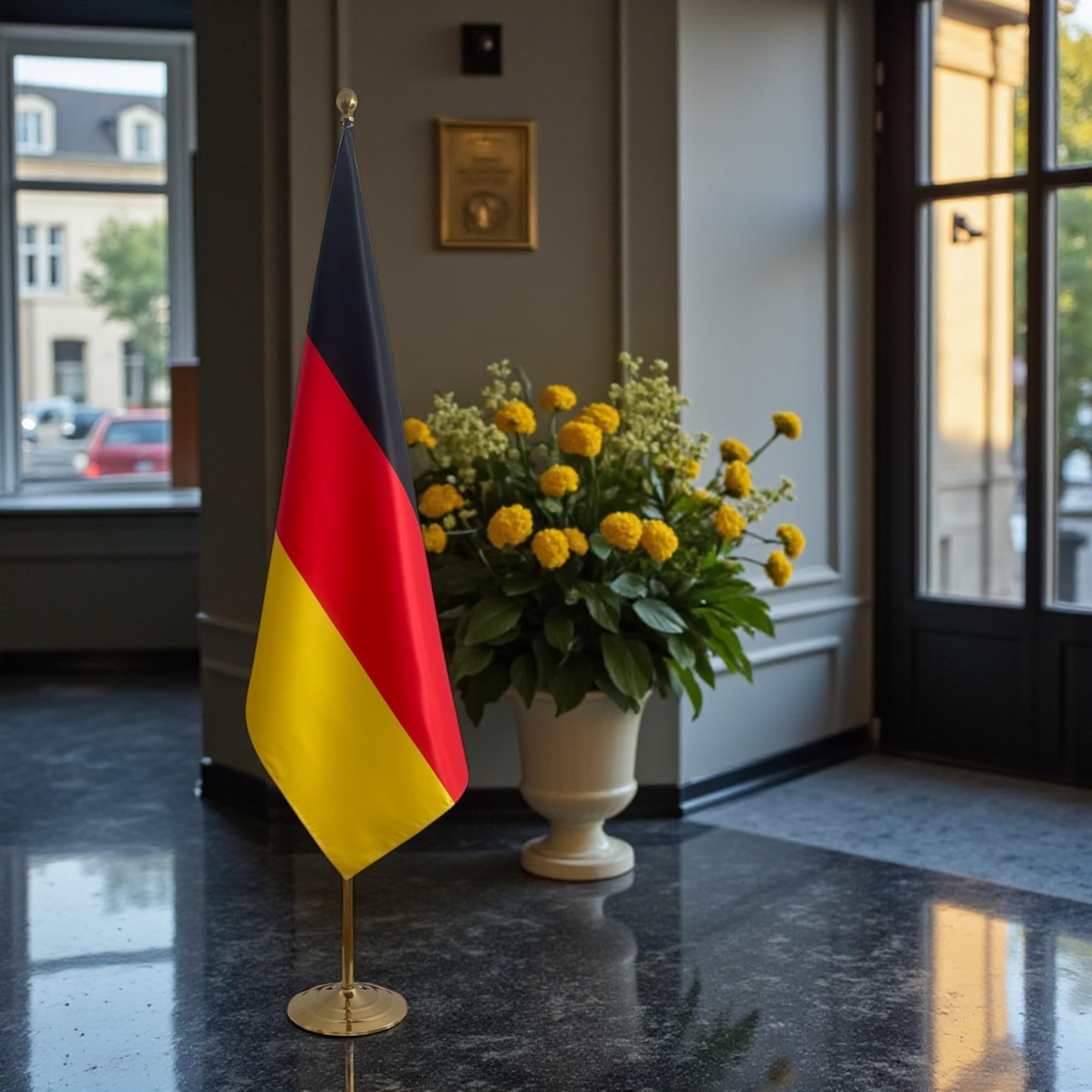 Deutschlandflagge mit Stab und Fuß - Bürofahne - Standfahne 1,3kg - Satin Flagge - Code CN6-DE
