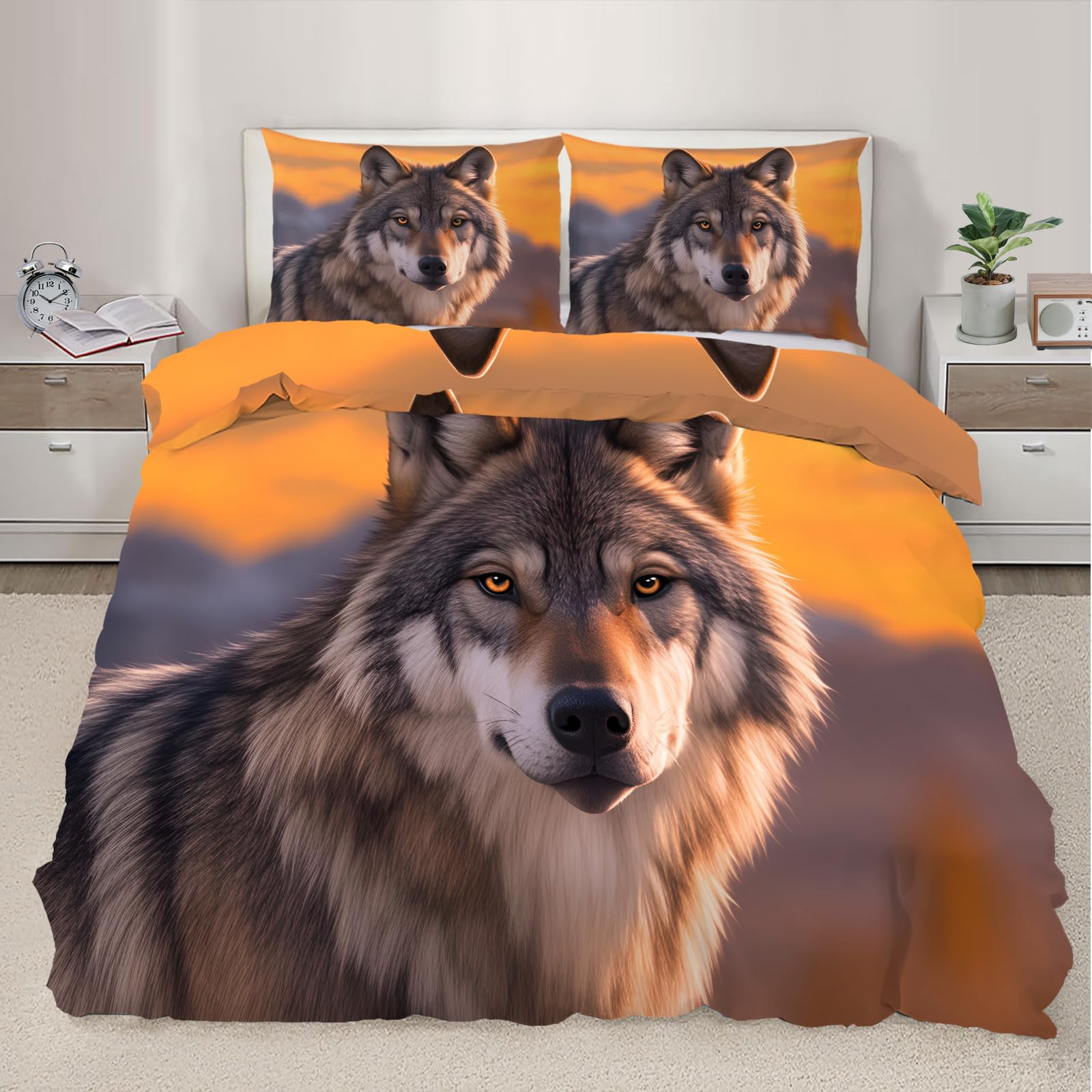QDJKBL Wildlife Comforter Cover Wild Wolf Duvet Cover Sunset Scenery Grassland Animal Comforter Set King Duvet Covers Nature-Inspired Home Decor Bedding With Zipper Closure