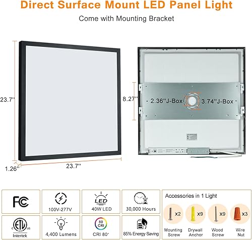 Miniatura 8 de Panel de luz LED de montaje empotrado de 2 x 2 pies, 5000 K, 4000 K, 3000 K, seleccionable y regulable, luz de techo LED de montaje en superficie