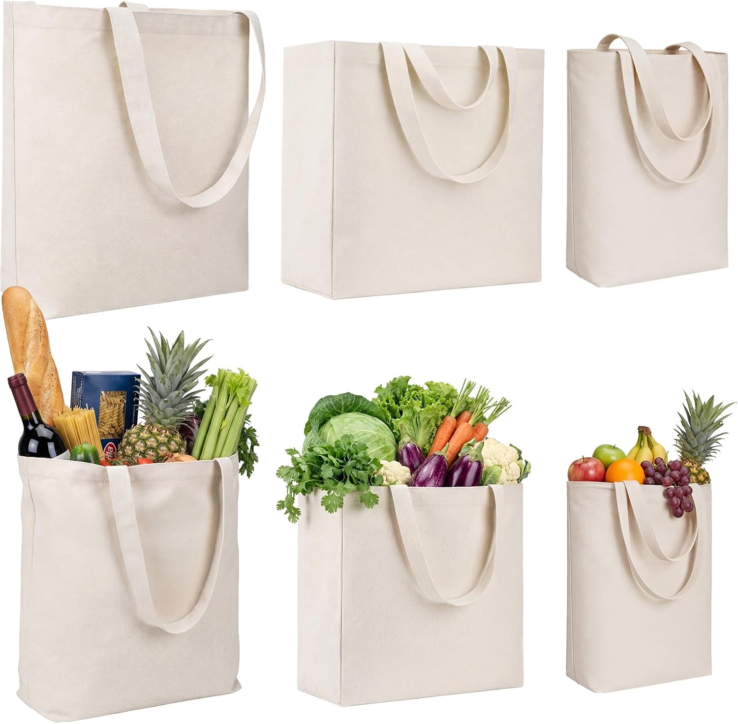 6 Pcs Canvas Grocery Bags, 3 Sizes Reusable Heavy Duty Cotton Shopping Totes with Handles & Pockets, Foldable Washable Cloth Bags for Fruit Vegetable Storage DIY