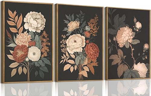 ZKFGPP Arte de pared enmarcado con peonía oscura, arte en lienzo floral Moody floral, pintura botánica, juego de 3 cuadros vintage, decoración de