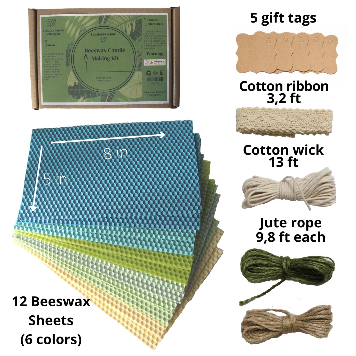 CraftersAvenue Kit para hacer velas de cera de abeja, juego de fabricación de velas de cera de abeja, 12 hojas de cera de abeja para hacer velas, tamaño 5 x 8 pulgadas, tonos de verde, suministros