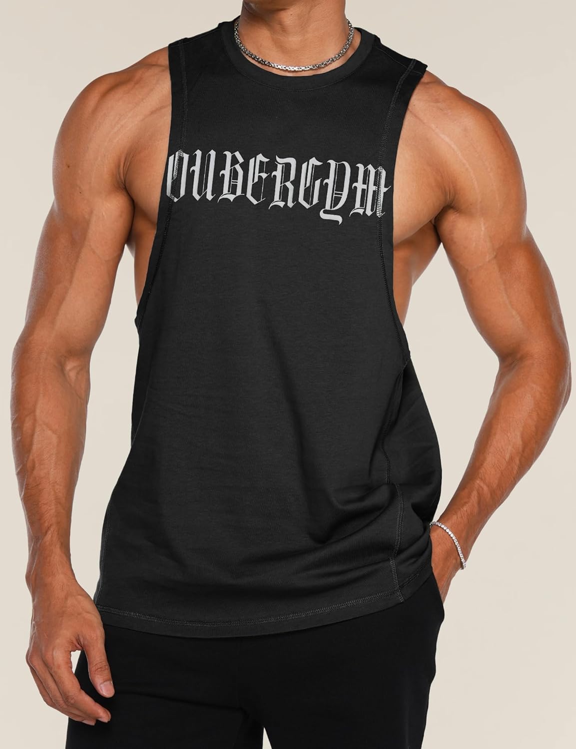 Ouber Men's Drop Arm Tank Top Cotton Sleeveless Gym Bodybuilding Shirt Black,S - Image 2