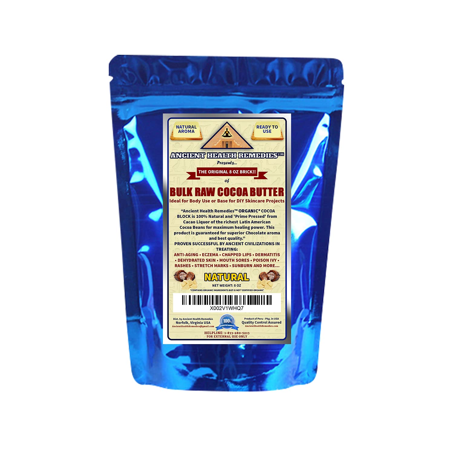 ANCIENT HEALTH REMEDIES Organic Unrefined Raw NATURAL COCOA (CACAO) BUTTER BLOCKS Bulk Size Rich Chocolate Aroma For Lip Balms Stretch Marks DIY Base for Body Butter (8oz)