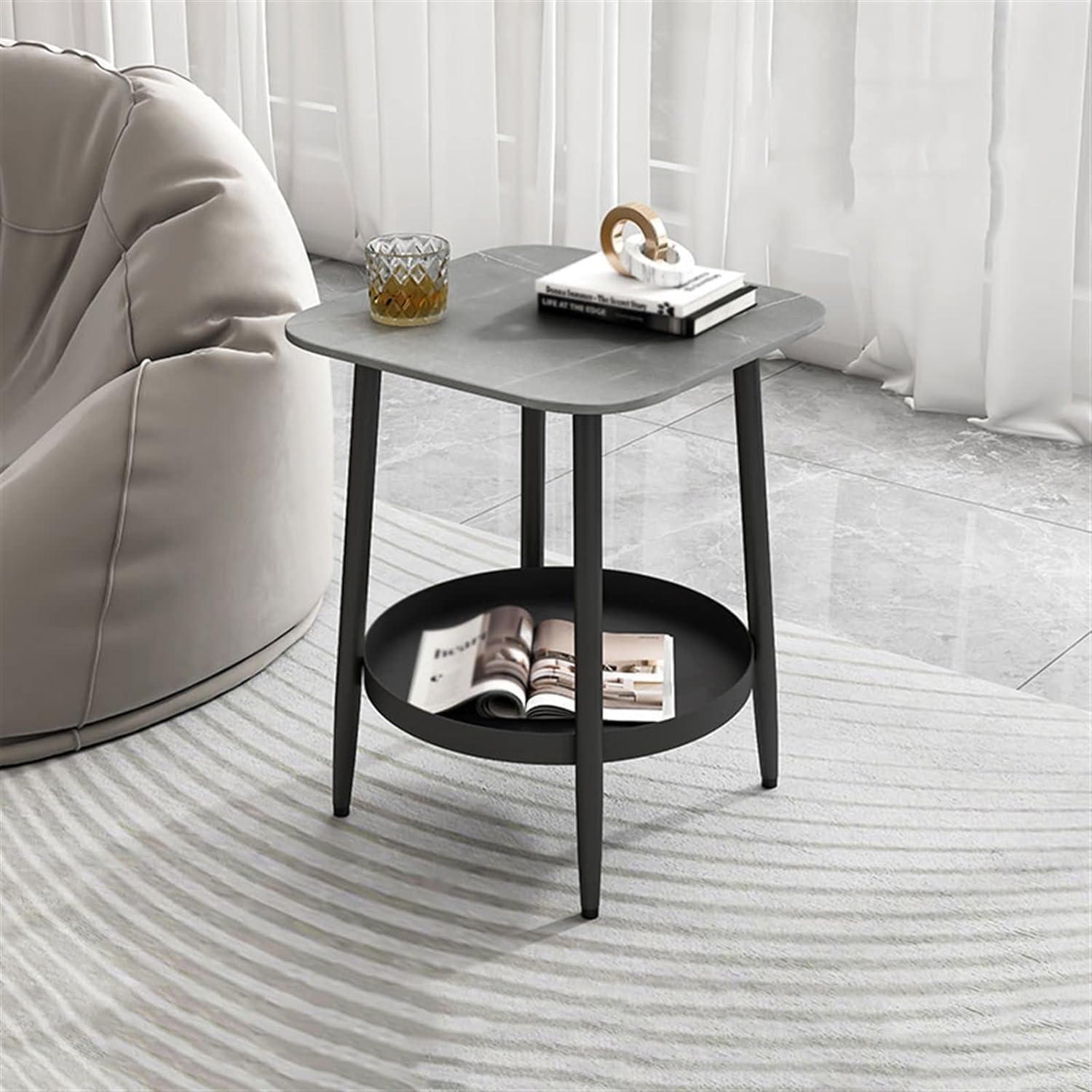 Aimery Office End Table BalconyEnd Table Side Table Slate Corner Table Square 2-Layer Coffee Table Living Room Bedroom Furniture Tea Table Coffee Table