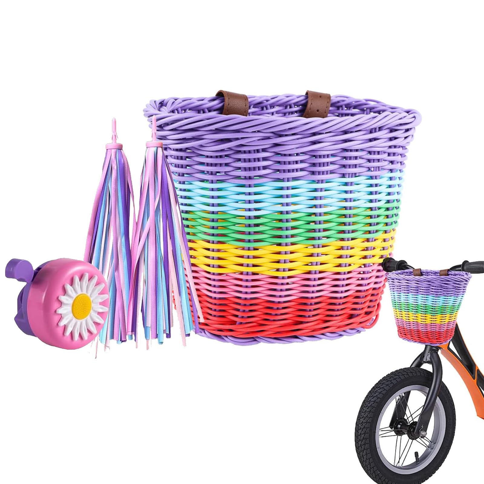 Cestino da bicicletta per bambini, cestino per bicicletta per bambini, cestini per bici rimovibili intrecciati con nappa per bicicletta e campanello, accessori per bici