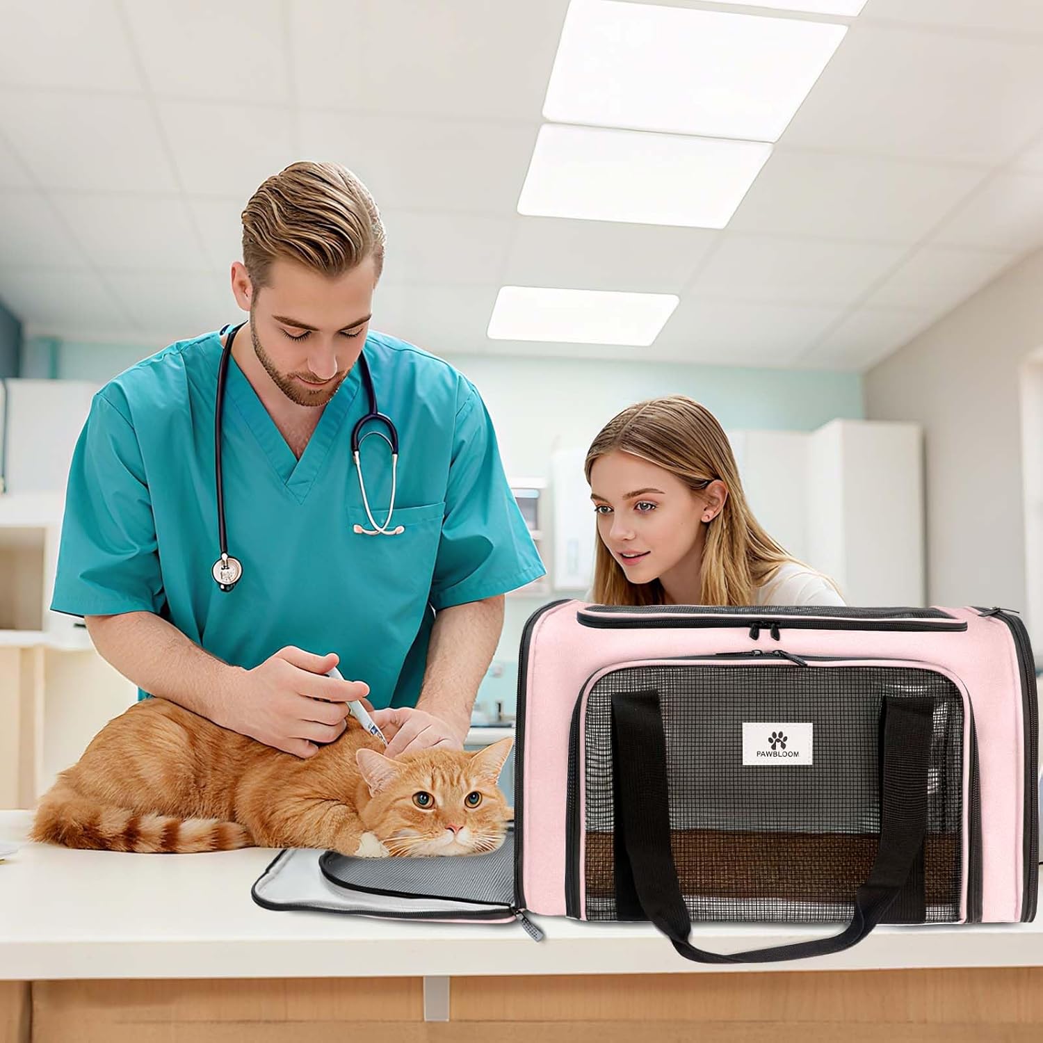 Cat Carrier Dog Carrier - Soft-Sided Cat Carrier with Plush Pad & Cooling Mat, Easy-Load 4-Side Zipper & 3-Side Mesh Ventilation, Pet Carrier Airline Approved for Cats/Dogs Up to 16 lbs, Pink