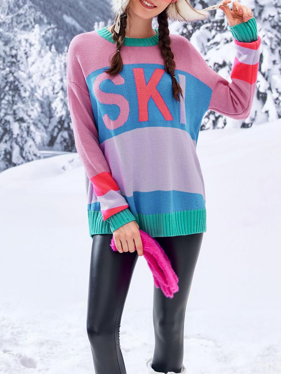 Saodimallsu Womens Color Block Oversized Sweater Ski Print Fall Trendy Crew Neck Long Sleeve Pullover Sweaters Knit Tops - Image 2