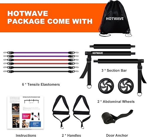 Miniatura 6 de HOTWAVE Kit de barra de pilates con 6 bandas de resistencia. Barra plegable de 3 secciones con rodillo abdominal para entrenamiento de abdominales.