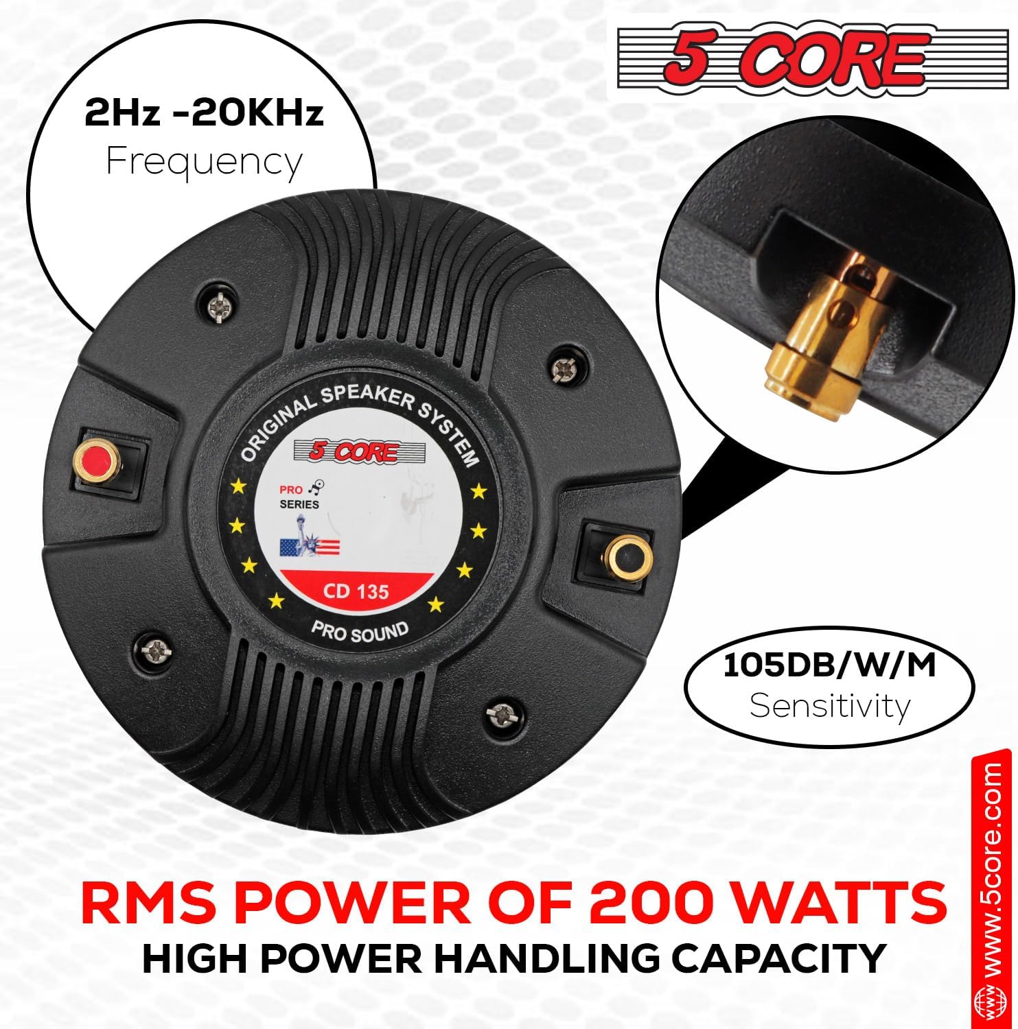 5 CORE Compression Driver Pair 1″ PA Horn Tweeter 2000W Pro Audio 2″ Voice Coil 33Oz Magnet Titanium Diaphragm 8 Ohm Aluminum Body Screw On Driver - CD 135 2PCS