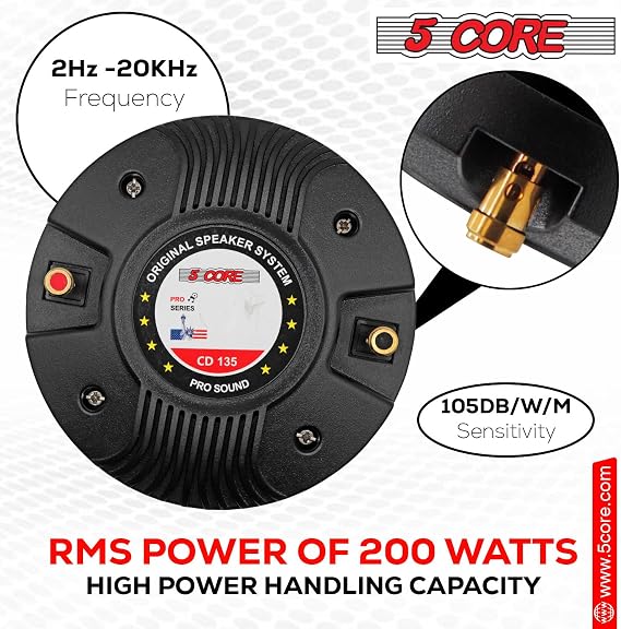 5 CORE Compression Driver 1 inch PA Horn Tweeter 1000W Pro Audio 2 Large Voice Coil 33 OZ Magnet Titanium Diaphragm 8 Ohm Aluminum Body Screw On Driver - CD 135