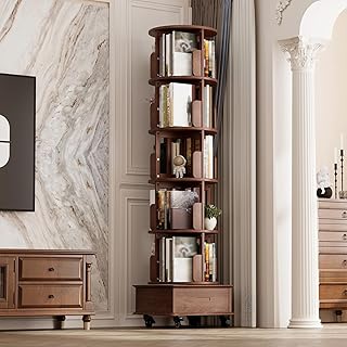 Drehbares Bücherregal aus Massivholz mit 1 Schublade, Rollende Bücherregale auf Rädern, Platzsparendes Drehendes Bücherschrank Turm für Wohnzimmer, Schlafzimmer, 185 x 47,5 x 47,5 cm, Walnuß