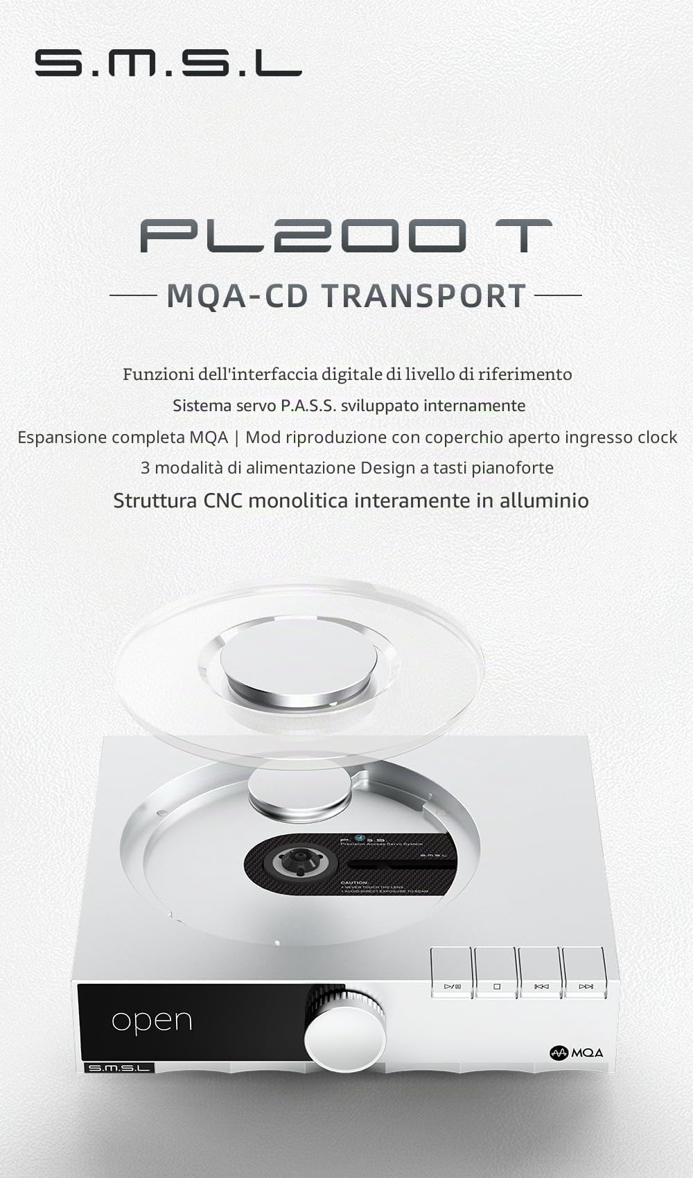 SMSL PL200T Lettore CD MQA-CD Trasporto Orologio Ingresso Uscita P.A.S.S. Sistema ottico coassiale AES I2S Uscita