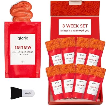 Glorio RENEW 8 Collagen Boosting Clay Face Mask Treatments - Rare Red Clay - 8 Week Beauty Gift Set - Reduce Lines & Wrinkles - Retinol, Hyaluronic Acid, Facial Skin Care, Self Care, Skincare Women