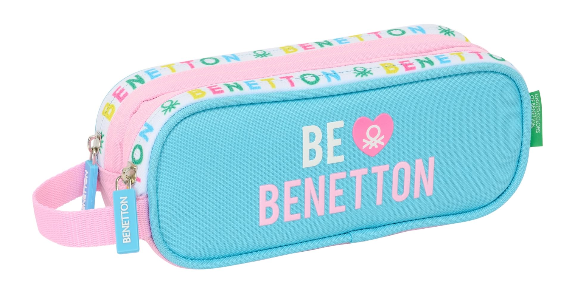 Safta BENETTON Unique – Double Child's Pencil Case, Children's Pencil Case, Ideal for School Age Children, Comfortable and Versatile, Quality and Resistance, 21 x 6 x 8 cm, Turquoise Blue/Light Pink,