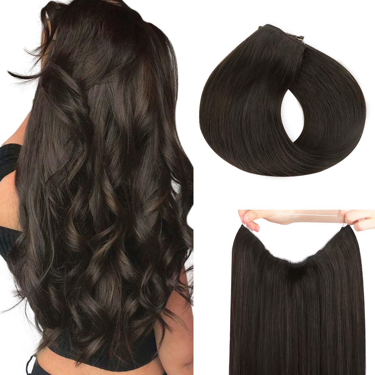 hotbanana Extension Capelli Veri con Filo Invisibile, 30cm 70g Marrone Scuro Capelli Umani Remy Lisci, Invisible Wire Hair Extensions, Extension in Capelli Veri Invisibles