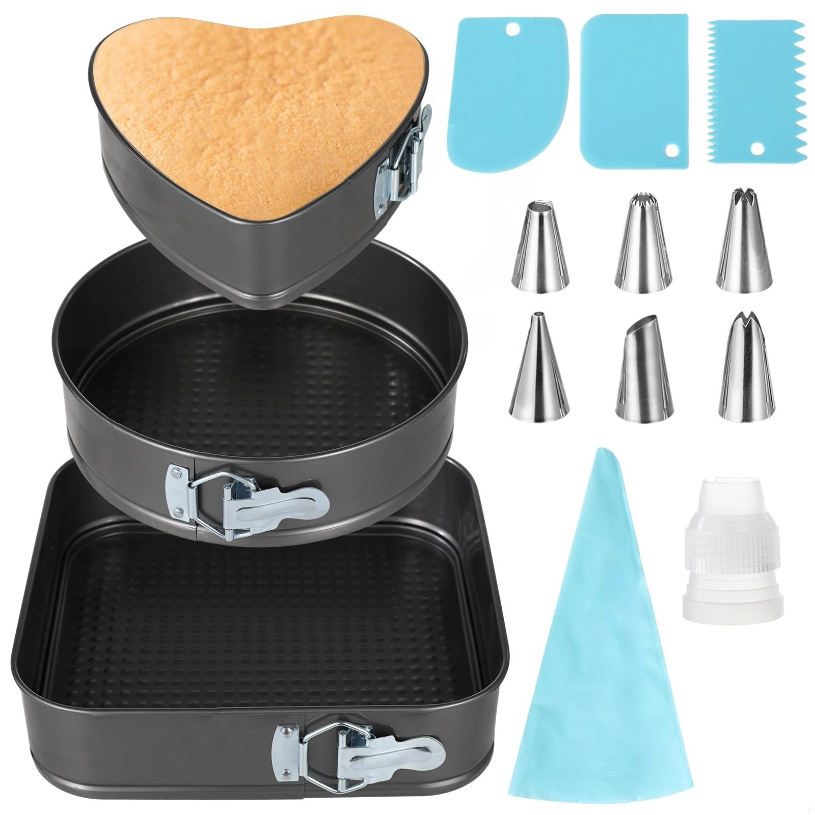 Springform Set 3-teilig mit Antihaftbeschichtung, Spritzbeutel und Schaber, auslaufsicher zum Backen, inklusive Herz, rund, eckig
