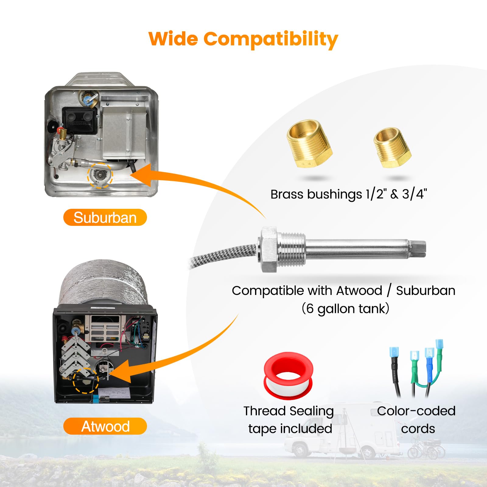 briidea Kit de chauffe-eau hybride électrique pour camping-car avec tige d'anode remplaçable (brevet en attente), protection électrique contre la chaleur et l'anode, compatible avec chauffe-eau
