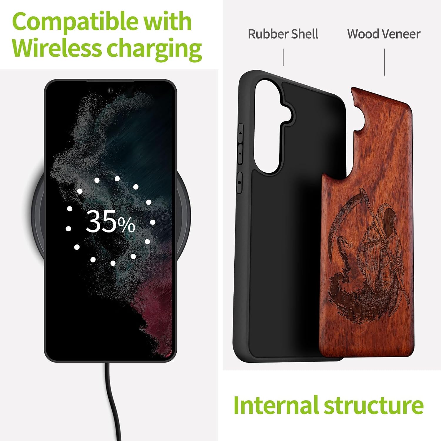 Carveit Wood Case for Galaxy S23 FE Case [Natural Wood & Black Soft TPU] Shockproof Protective Cover Unique Wooden Design Compatible with S23 FE (The Grim Reaper-Rosy)