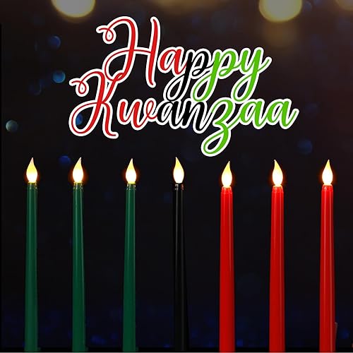 Miniatura 5 de Baquler Kwanzaa Kinara - Juego de 8 velas Kwanzaa sin llama, velas eléctricas sin llama, velas cónicas sin llama con portavelas Kinara, soporte de