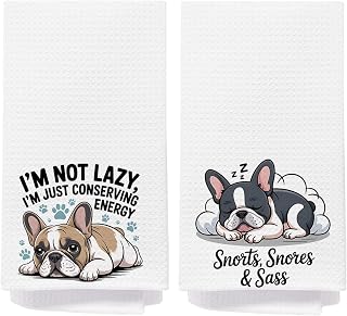 Funny French Bulldog Kitchen Towels, French Bulldog Lover Gifts Dish Tea Towels for Kitchen, Cute Sleeping Frenchie Dog Decorative Hand Towel for Bathroom, 16x24 Inch Set of 2