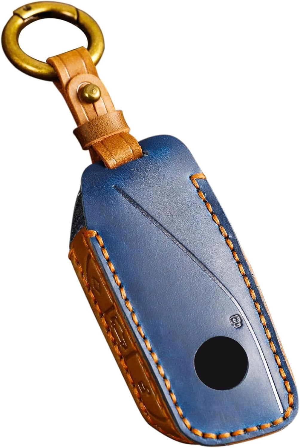 OLLEN Screws-Free Genuine Leather Key Fob Cover Fit for BMW 2023-2025~up New 5/7 Series 740i 760i X1 X2 X3 X5 X6 X7 XM IX IX3 I5 I7 etc, with Key Ring, Blue leather Blue