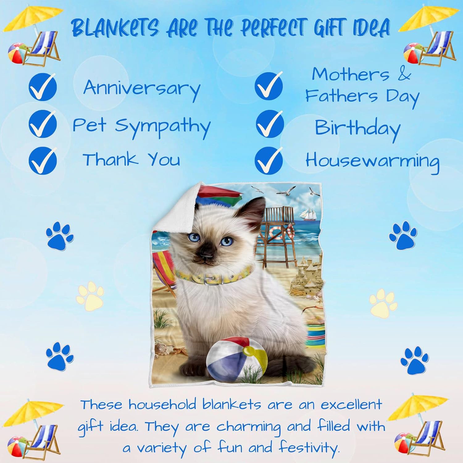 Pet Friendly Beach Siamese Cat Blanket - Lightweight Super Soft Cozy and Durable Bed Blanket - Animal Theme Fuzzy Blanket for Sofa Bed Couch BLNKT56846 (30x40 Fleece)