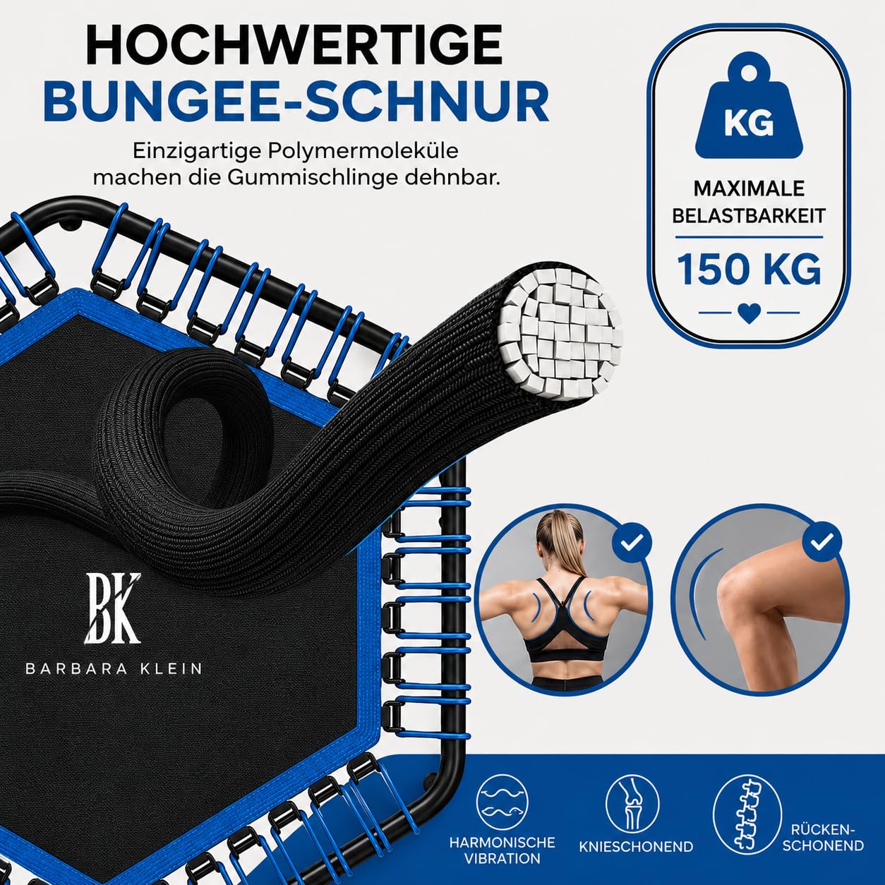 BK Barbara Klein Fitness Trampolin 133 cm mit Haltestange, 42 Gummiseile, Hexagon Rebounder, 100 kg Belastbar, Höhenverstellbar Indoor Heimtraining