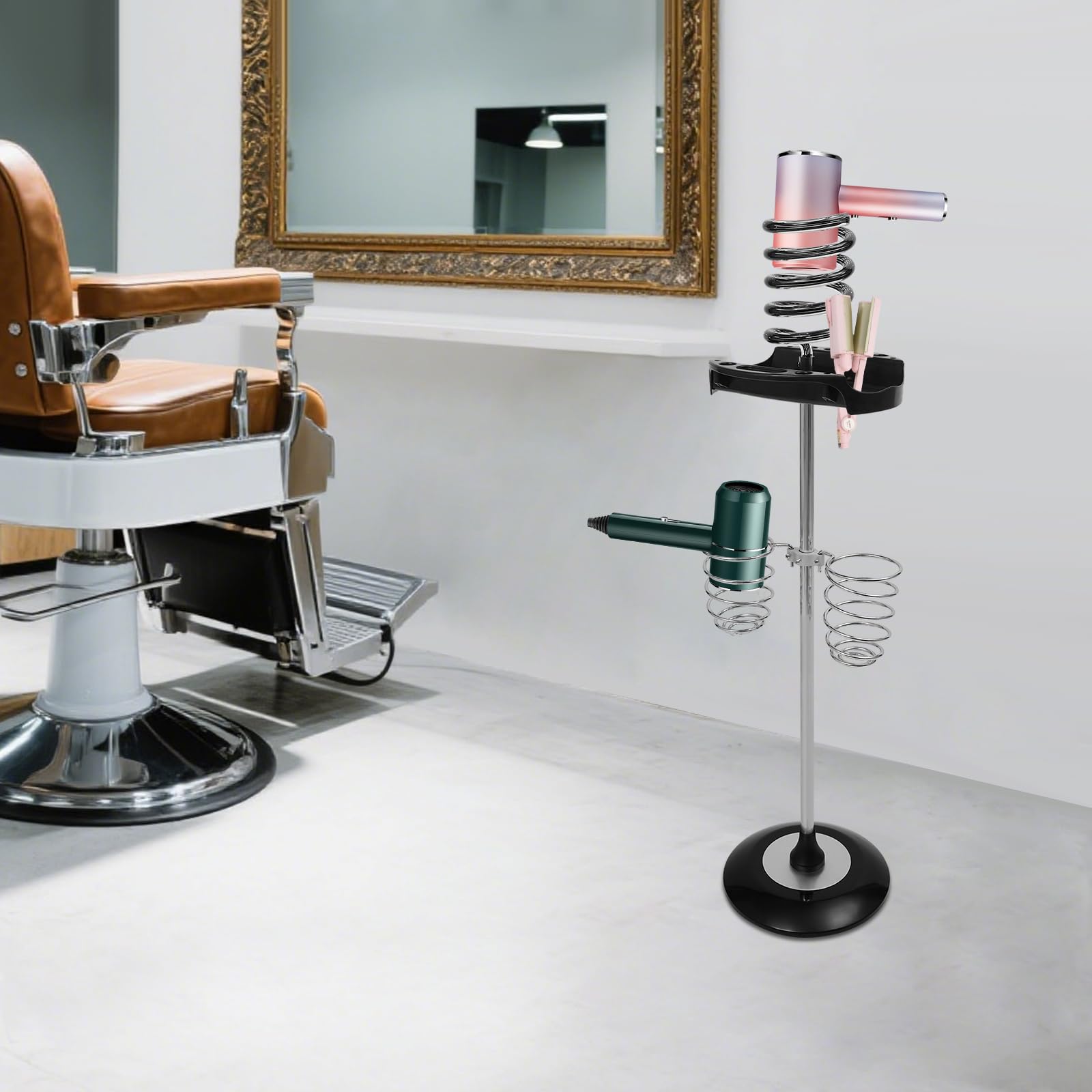 Soporte para secador de pelo de 10 x 35.44 pulgadas, aparatos de peinado con bandeja, dos soportes en espiral, soporte superior acrílico de estilo giratorio para secador de pelo, plancha plana