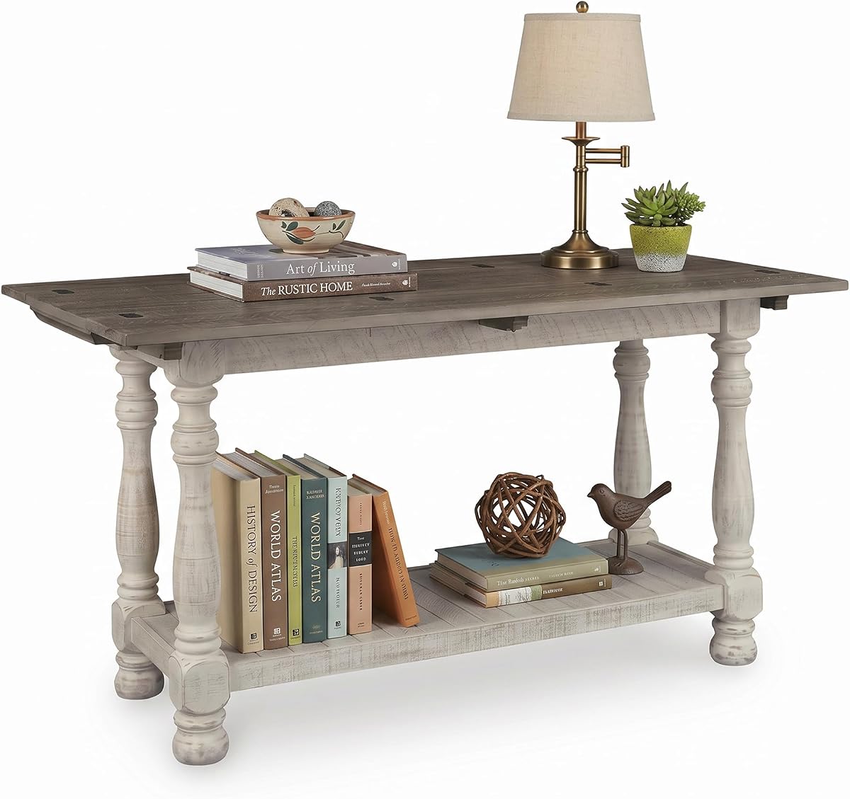 Signature Design by Ashley 1-Piece Farmhouse Sofa Table, Flip Top | Pine and engineered wood, Fixed lower shelf storage, Space saving design expands to 38 in, Two-tone finish, Havalance Series