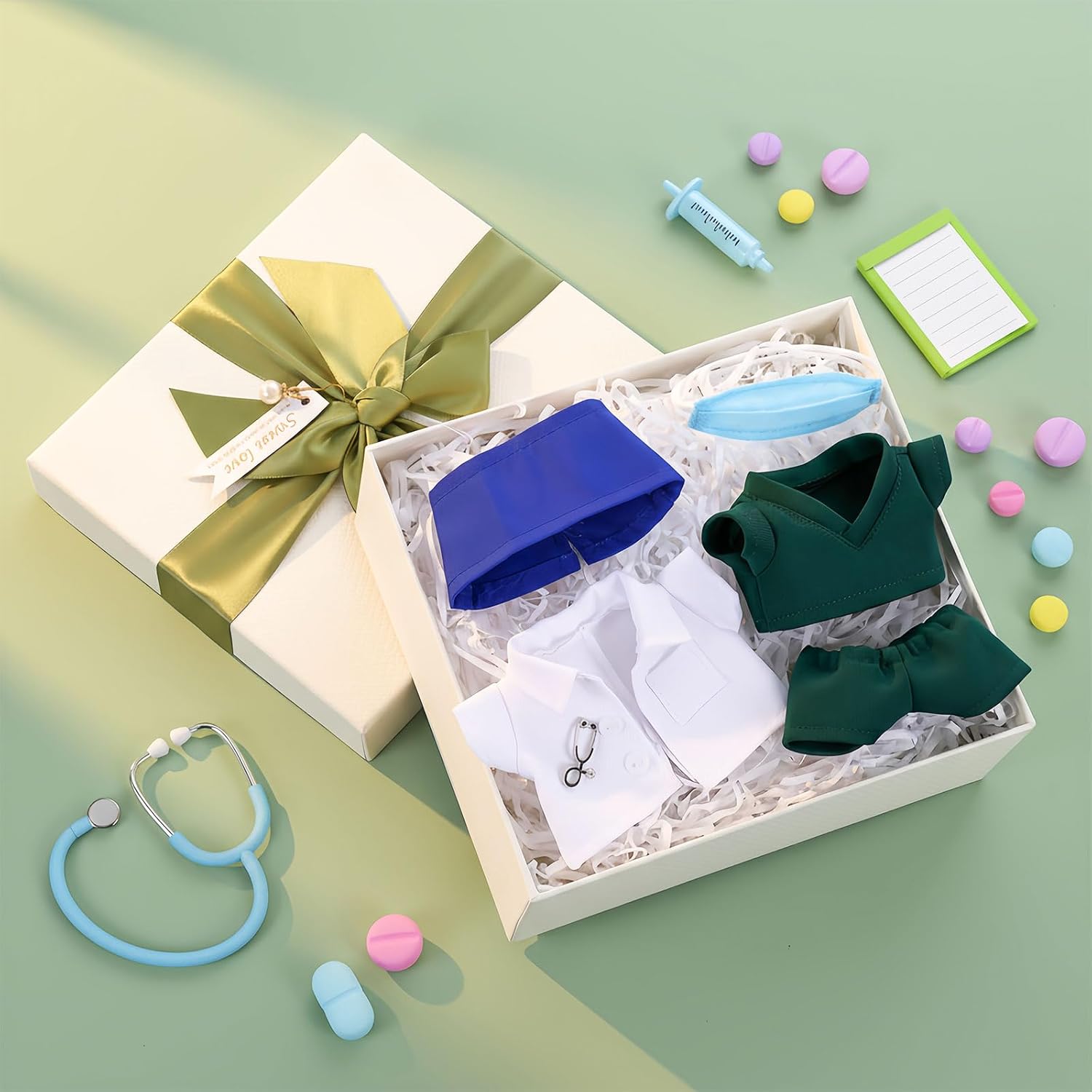 Simgoing 17cm Doll Clothes Doctor Scrubs Outfit with White Coat Face Mask Mini Stethoscope Cute Doctor Medical Costume with Accessories Gift for DIY Dress-up Lovers & Collectors(Green)