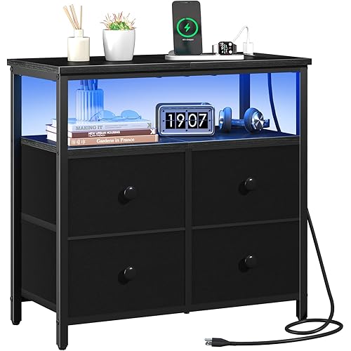 Yoobure Night Stand with Charge Station, Nightstand with 4 Drawers Bedside Table, LED Dresser with Storage Shelf, Night Stands for Bedroom, Side Table 3-Tier Wood End Table for Home, Office Black