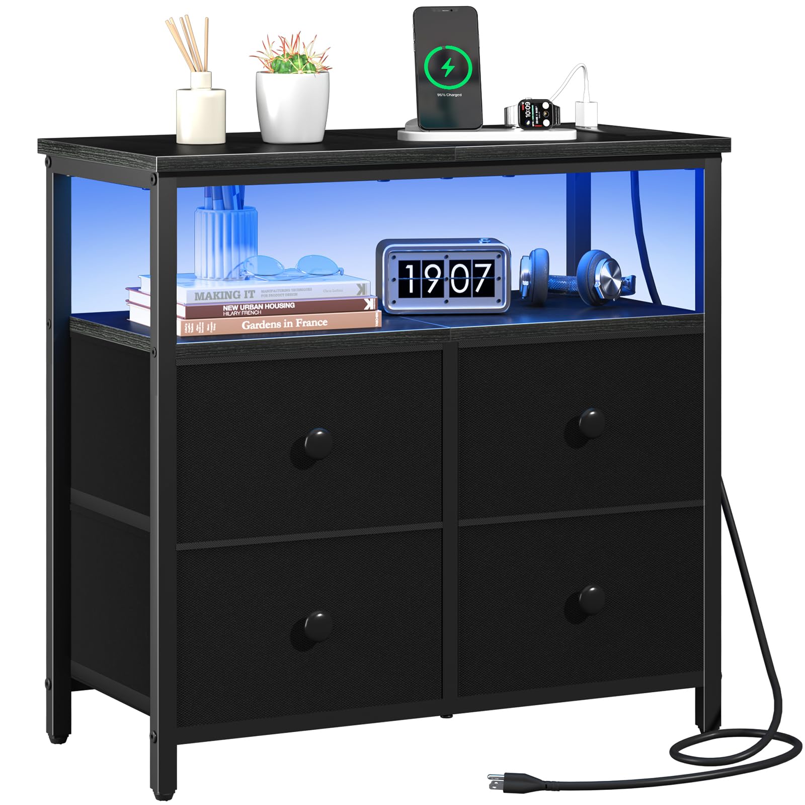 Yoobure Night Stand with Charge Station, Nightstand with 4 Drawers Bedside Table, LED Dresser with Storage Shelf, Night Stands for Bedroom, Side Table 3-Tier Wood End Table for Home, Office Black
