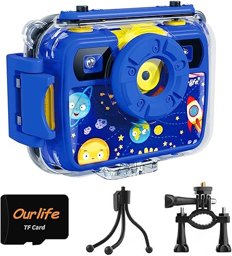 Ourlife Cámara para niños, cámaras de acción impermeables para selfie, juguetes para niños de 6 a 15 años, 1080P, 8 MP, 2.4 pulgadas, cámara de